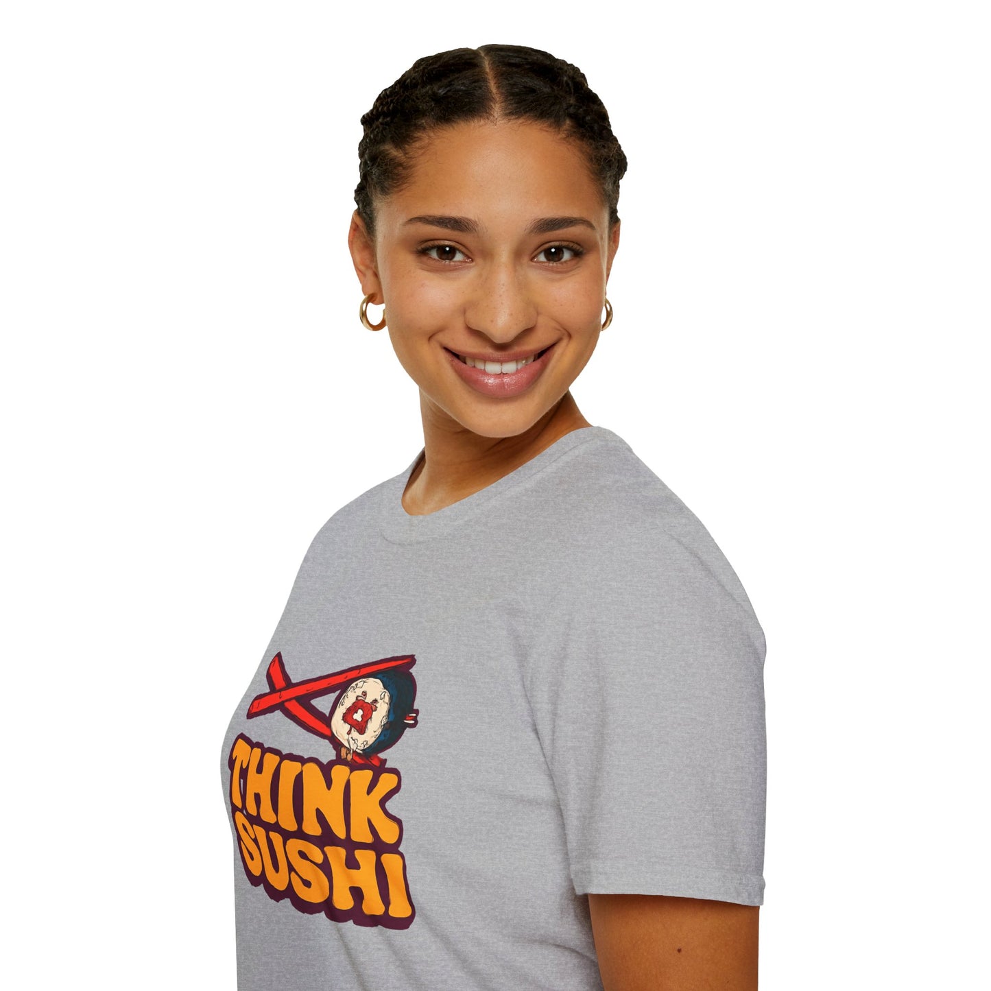 Sushi Lover T-Shirt - Think Sushi graphic tee for foodies, casual wear, gift for sushi lovers, summer style, food-themed shirt