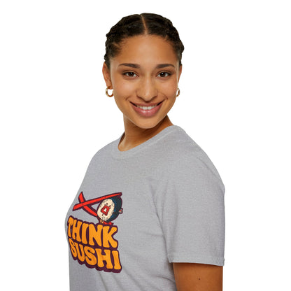 Sushi Lover T-Shirt - Think Sushi graphic tee for foodies, casual wear, gift for sushi lovers, summer style, food-themed shirt